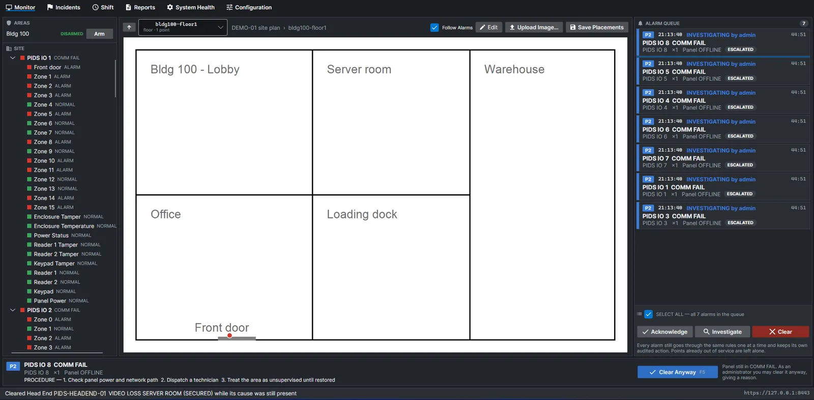 Operator console alarm monitor: a site plan in the center, zone status list on the left and an alarm queue on the right with communication-failure alarms under investigation.