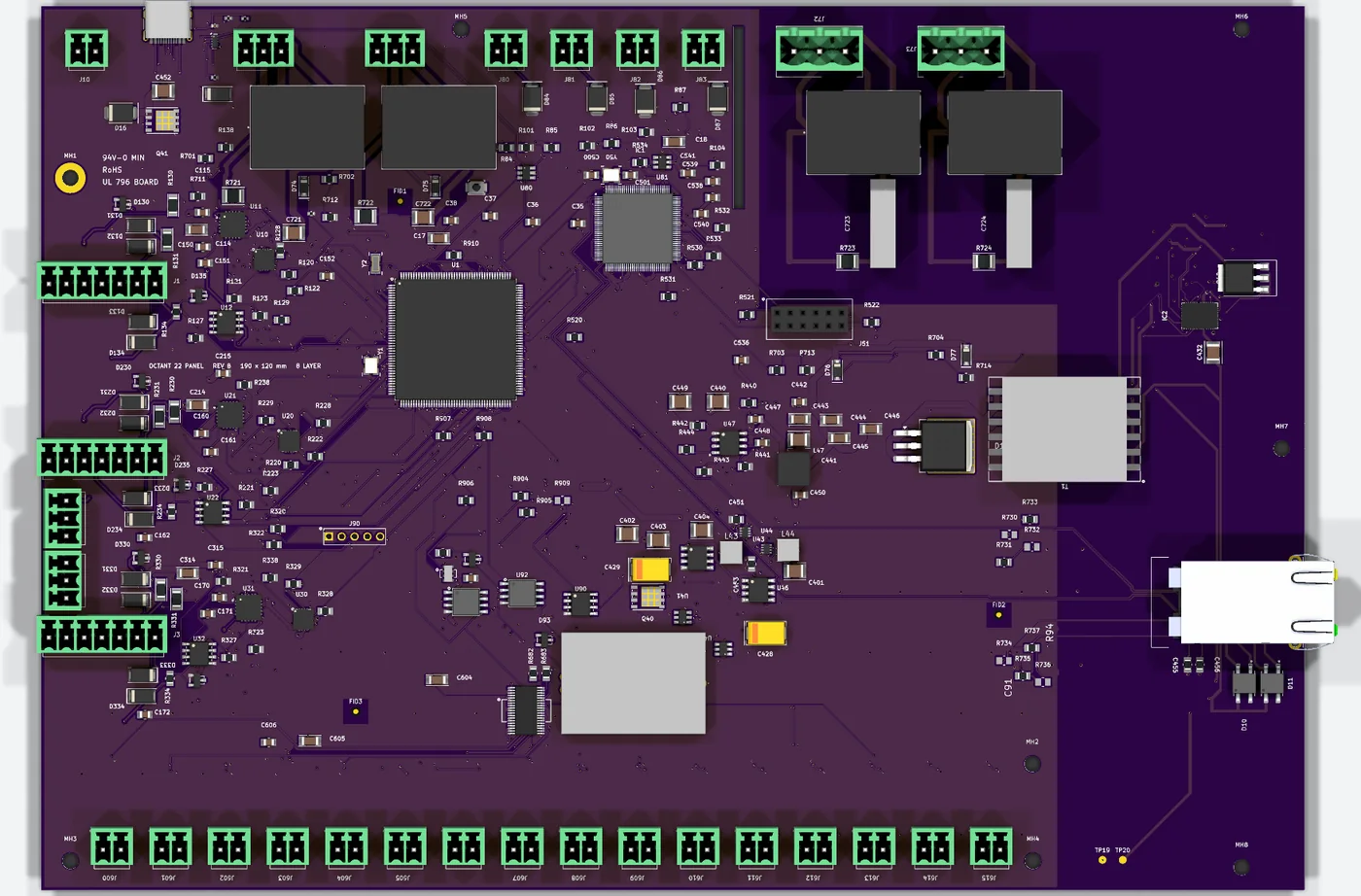 Rendered view of the Octant 22 Panel: a purple circuit board with the microcontroller at center, terminal blocks along the edges and the Ethernet jack.
